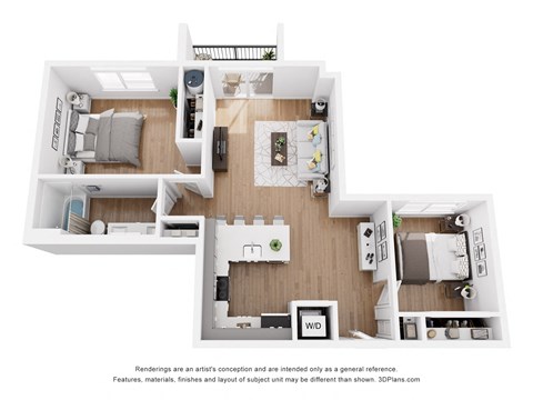 Floor plan for 2 beds, 1 bath, 877 sqft